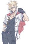  1boy adjusting_clothes belt_buckle black_gloves black_pants black_shirt blonde_hair blue_eyes buckle cape cowboy_shot final_fantasy final_fantasy_type-0 gloves hair_between_eyes hand_in_pocket jacket looking_to_the_side male_focus nakagawa_waka nine_(fft-0) open_mouth pants red_cape scar scar_on_face scar_on_nose shirt short_hair short_sleeves sketch smile solo spiked_hair toned toned_male white_background white_jacket 