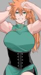  1girl bike_shorts black_corset boku_no_hero_academia breasts china_dress chinese_clothes commentary_request corset dress green_eyes grey_background grin hair_between_eyes hands_on_own_head highres i_yo_ka kendou_itsuka large_breasts long_hair looking_at_viewer muscular muscular_female orange_hair side_ponytail smile solo 