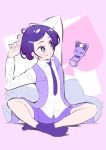  1girl absurdres commentary_request davi_(dokidoki!_precure) dokidoki!_precure highres indian_style itaoka1 kenzaki_makoto long_sleeves necktie no_shoes precure purple_eyes purple_hair purple_necktie purple_shorts purple_socks short_hair shorts sitting smile socks solo 