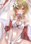  1girl bangs between_legs blonde_hair blurry blurry_background bra breasts breasts_apart cape crossed_bangs english_commentary flower fur-trimmed_cape fur_trim genshin_impact gloves hair_between_eyes hair_flower hair_ornament halterneck hand_between_legs highres looking_at_viewer lumine_(genshin_impact) maruro medium_breasts mouth_hold off_shoulder red_cape red_ribbon ribbon ribbon_in_mouth short_hair_with_long_locks simple_background sitting solo spread_legs thighhighs underwear white_bra white_flower white_gloves white_negligee white_thighhighs yellow_eyes 