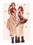  2girls aerith_gainsborough bangle bangs bare_arms bare_shoulders bob_cut boots border bracelet braid braided_ponytail breasts brown_footwear brown_hair choker cleavage cropped_jacket dress final_fantasy final_fantasy_vii final_fantasy_vii_remake flower flower_choker full_body hair_ribbon hand_on_own_chest highres hood hood_down hooded_dress jacket jewelry kairi_(kingdom_hearts) kingdom_hearts kingdom_hearts_iii long_dress long_hair looking_at_viewer looking_back medium_breasts multiple_girls parted_bangs pink_dress pink_ribbon pleated_dress red_hair red_jacket ribbon sera_(serappi) short_dress short_hair short_sleeves sidelocks smile standing 