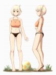  1girl absurdres ball bangs barefoot beachball bikini blonde_hair bob_cut breasts collarbone commentary_request crossed_arms dirty dirty_feet full_body highres large_breasts looking_at_viewer lycoris_recoil mismatched_bikini multiple_views navel nishikigi_chisato red_eyes short_hair standing stomach swimsuit tbear toes white_hair 
