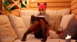  3dart alcohol alkhimow animated anthro beverage book candle canid canine clothing container cup cute_expression drinking_glass female fox glass glass_container glass_cup legwear mammal solo stockings wine wine_glass 