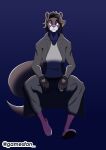  absurd_res anthro belt big_tail black_clothing boots breasts brown_body brown_fur brown_hair brown_tail clothing female footwear fur gamesfan gloves grey_clothing hair handwear hi_res mammal mustelid otter purple_clothing purple_eyes shaded signature sitting solo white_body white_fur 