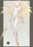  1girl angel angel_wings au_ra avatar_(ff14) blonde_hair breasts colored_skin commentary_request commission final_fantasy final_fantasy_xiv fingernails full_body gradient_hair grey_eyes halo highres holding holding_polearm holding_weapon long_fingernails mabo9317 medium_breasts monster_girl multicolored_hair nipples plantar_flexion polearm sharp_fingernails sin_eater_(ff14) skeb_commission solo spear tail two-tone_hair weapon white_hair white_skin wings 