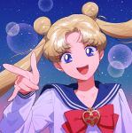  1girl absurdres bishoujo_senshi_sailor_moon blonde_hair blue_sailor_collar bow earrings highres jewelry open_mouth popogano red_bow sailor_collar solo teeth tsukino_usagi upper_teeth_only 