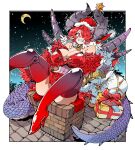  bare_shoulders bell blush breasts chimney christmas_star cleavage commission convenient_censoring covered_navel crescent_moon dragon_girl dragon_tail gift gloves hair_over_one_eye hat inconvenient_ass kafun large_breasts long_hair moon neck_bell night night_sky original red_gloves red_hair sack santa_costume santa_hat skeb_commission sky stuck tail thick_thighs thighhighs thighs very_long_hair watermark 