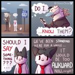  anthro bus_stop bus_stop_sign canid canine clothed clothing comic duo ellipsis english_text face_mask felid feline fully_clothed glassshine hi_res hoodie mammal necktie outside simple_background steve_(glassshine) text thought_bubble topwear 