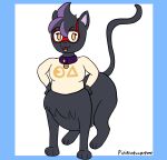  belly_nipples black_body black_fur cat_taur clothing crop_top domestic_cat eyewear eyewear_on_head felid felid_taur feline feline_taur felis fur glasses glasses_on_head hands_on_hips hi_res mammal mammal_taur pink_nose shirt smile taur topwear 