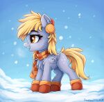  2022 blonde_hair breath chest_tuft clothing cutie_mark derpy_hooves_(mlp) digital_media_(artwork) earmuffs equid equine eyebrows eyelashes feathered_wings feathers female feral folded_wings footwear friendship_is_magic fur grey_body grey_feathers grey_fur hair half-closed_eyes hasbro hi_res inner_ear_fluff mammal my_little_pony narrowed_eyes open_mouth open_smile pegasus scarf shoes signature smile snow snowing solo tuft wings winter yellow_tail zeepheru_pone 