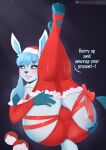  2022 absurd_res alternate_version_at_source anthro anthrofied balls balls_outline big_butt blue_body blue_fur blue_hair blush bodily_fluids bottomwear bow_ribbon bulge butt butt_focus christmas christmas_clothing christmas_headwear clothed clothing countershading curvy_figure dialogue digital_media_(artwork) eeveelution english_text eyebrows fingerless_gloves footwear fur generation_4_pokemon genital_outline genitals girly glaceon gloves hair hand_on_butt handwear hat headgear headwear hi_res holidays hotpants inviting legs_up legwear looking_at_viewer lying maiteik male nintendo on_back open_mouth open_smile pawpads paws pokeball pokemon pokemon_(species) presenting presenting_hindquarters rear_view ribbons santa_hat seductive shorts simple_background smile solo speech_bubble standard_pok&eacute;ball stirrup_stockings stockings sweat sweaty_butt text thick_thighs tight_clothing tight_fit url video_games watermark white_eyes wide_hips 