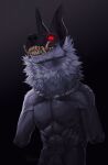  2018 amputee anthro black_background black_body black_ears black_fur bodily_fluids canid cheek_tuft dated disability double_amputee drooling empty_eyes facial_tuft front_view fur glowing glowing_eyes grey_body grey_fur grin half-length_portrait hi_res male mammal muscular muscular_anthro muscular_male neck_tuft nude portrait riorix saliva saliva_on_chin shoulder_tuft signature simple_background smile solo standing tan_teeth tuft 