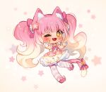  1other :3 :d ;d animal_ears artist_name bangs blonde_hair blunt_bangs blush bow bowtie bubble_skirt cat_ears cat_other cat_tail chibi commission dress fingerless_gloves footwear_bow full_body gloves gradient_hair hair_bow hair_ornament hands_up highres hyanna-natsu long_hair magical_star_(millie_(mahoustars)) multicolored_hair no_nose one_eye_closed original overskirt pink_bow pink_bowtie pink_footwear pink_hair pink_skirt pink_thighhighs shoes sidelocks simple_background skirt smile solo star_(symbol) star_hair_ornament star_in_eye striped striped_thighhighs symbol_in_eye tail thighhighs twintails very_long_hair watermark wavy_hair white_dress white_gloves yellow_eyes 