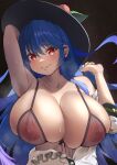  1girl absurdres black_bra black_headwear blue_hair blush bra breasts cleavage closed_mouth commission covered_nipples food fruit highres hinanawi_tenshi huge_breasts kanipai88 leaf long_hair looking_at_viewer nipples peach red_eyes see-through_bra skeb_commission skindentation solo sweat touhou underwear upper_body 