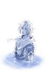  1boy armor bangs blue_eyes blue_theme chain_necklace final_fantasy final_fantasy_x hood hood_down hooded_jacket jacket jewelry looking_at_viewer male_focus monochrome nakagawa_waka necklace overalls parted_bangs parted_lips partially_submerged short_hair shoulder_armor solo tidus upper_body water wet wet_clothes wet_hair 