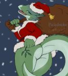  ais05 anthro bottomless breasts butt christmas christmas_clothing christmas_headwear claws clothed clothing digital_media_(artwork) female green_body green_scales hat headgear headwear hi_res holidays kobold looking_at_viewer mistletoe paledrake plant ramirez_(w4g4) reptile sack santa_claus santa_hat scales scalie signature simple_background solo standing 