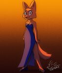  2022 anthro black_eyes canid canine clothing diane_foxington dreamworks dress female fingers footwear fox fur hi_res jewelry katnay looking_at_viewer mammal necklace orange_body orange_fur shoes smile solo standing the_bad_guys 