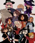  6+girls absurdres alexandra_fielding animal animal_ears auri_(xoauri) bangs black_cat black_dress black_eyes black_hair black_skirt black_thighhighs blonde_hair blue_hair bob_cut bow broom broom_riding brown_eyes brown_hair camryn_barnes cat claire_d&#039;lune collared_dress crescent curly_hair dark-skinned_female dark_skin dress earrings edalyn_clawthorne enid_(ok_k.o.!) facial_mark fangs flying freckles furry furry_female grey_background grey_eyes grey_hair hair_bow hands_on_hips hat headband highres holding holding_animal holding_cat hoop_earrings jacket jewelry jiji_(majo_no_takkyuubin) kagari_atsuko kiki_(majo_no_takkyuubin) letterman_jacket little_witch_academia long_hair looking_at_viewer luna_nova_school_uniform luz_noceda majo_no_takkyuubin medium_hair multiple_girls necklace pale_skin pantyhose pentagram pink_hair pointy_ears purple_hair red_bow red_eyes red_headband red_hood red_jacket red_sweater sabrina_spellman school_uniform short_hair shorts siblings simple_background skirt star_(symbol) summer_camp_island sun_symbol susie_mccallister sweater the_owl_house the_summoning thighhighs trait_connection turtleneck turtleneck_sweater twins twitches very_long_hair wendy_the_good_little_witch white_hair witch witch_hat 