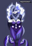  absurd_res anthro blue_body blue_clothing blue_eyes blue_fur blue_hair blue_tail breasts canid canine chest_tuft cleavage clothed clothing delphox female fox fur gamesfan generation_6_pokemon glowing glowing_body glowing_fur glowing_hair hair hi_res mammal nintendo pokemon pokemon_(species) purple_clothing shaded signature smile solo thick_thighs tuft video_games white_body white_clothing white_fur 
