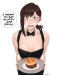  1girl absurdres apron artist_name bangs black_apron black_bow black_bowtie bow bowtie breasts brown_hair burger chainsaw_man cleavage dismaiden food hair_ornament hairclip higashiyama_kobeni highres holding holding_tray looking_at_viewer looking_up medium_hair meme mole mole_under_eye mole_under_mouth multiple_moles naked_apron open_mouth shaking short_ponytail simple_background single_sidelock sloppy_blowjob_devil_(meme) small_breasts solo swept_bangs tray white_background 