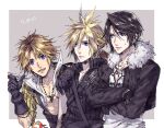  3boys bangs black_gloves black_jacket black_shirt blonde_hair blue_eyes border brown_hair chain_necklace closed_mouth cloud_strife cropped_jacket dissidia_final_fantasy earrings final_fantasy final_fantasy_vii final_fantasy_vii_advent_children final_fantasy_viii final_fantasy_x gloves grey_background hair_between_eyes hand_on_another&#039;s_shoulder jacket jewelry leaning_on_person long_sleeves male_focus multiple_boys nakagawa_waka necklace open_mouth parted_bangs shirt short_hair single_earring sleeveless sleeveless_shirt smile spiked_hair squall_leonhart sweatdrop tidus upper_body white_shirt yellow_jacket 