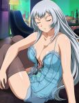  1girl bare_arms blue_shirt breasts chouun_shiryuu cleavage closed_eyes closed_mouth collarbone facing_viewer grey_hair grey_thighhighs ikkitousen indoors large_breasts long_hair shiny shiny_hair shiny_skin shirt sitting sleeveless sleeveless_shirt solo spaghetti_strap straight_hair thighhighs untied very_long_hair 