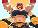  1boy 1girl abs arms_up bangs biceps black_sports_bra breasts fingerless_gloves gloves green_eyes grin highres large_breasts looking_at_viewer luke_sullivan marisa_(street_fighter) muscular muscular_female navel red_hair relusionh short_hair smile sports_bra street_fighter street_fighter_6 toned 