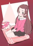  1girl absurdres ai-chan_(dokidoki!_precure) bangs_pinned_back black_skirt brown_hair cushion dokidoki!_precure highres itaoka1 layered_skirt long_hair long_sleeves madoka_aguri precure red_eyes sitting skirt sleeping smile solo 