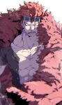  1boy abs absurdres angry artist_name black_shirt buttons cape clenched_teeth collarbone commentary_request eustass_captain_kid fur_cape glaring goggles goggles_on_head highres hoshikawa_(hoshizorafes) looking_at_viewer male_focus muscular muscular_male one_piece open_clothes open_shirt parted_lips pectorals red_cape red_hair scar scar_on_chest scar_on_face shirt short_hair short_sleeves simple_background solo spiked_hair teeth twitter_username upper_body v-shaped_eyes watermark white_background 