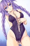  1girl blue_eyes blush braid breasts cleavage collarbone covered_nipples hair_ornament highres hot long_hair looking_at_viewer medium_breasts neptune_(series) one-piece_swimsuit power_symbol purple_hair purple_heart shimamoto_(natsuki) skinsuit sweat swimsuit symbol-shaped_pupils twin_braids 