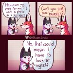  border canid canine comic dialogue duo english_text felid feline fox fur glassshine hi_res holding_object hubert_(glassshine) mammal pencil_(object) red_body red_fur simple_background simple_eyes steve_(glassshine) text white_body white_fur 