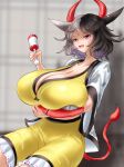  1girl :d animal_ears animal_print ankake_hitokaji bangs black_hair blurry blurry_background breasts cleavage commentary cow_ears cow_girl cow_horns cow_print cow_tail haori highres horns huge_breasts japanese_clothes looking_at_viewer multicolored_hair open_mouth red_eyes red_horns short_hair shorts smile solo split-color_hair statue tail touhou ushizaki_urumi yellow_shorts 