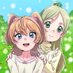  2girls bangs blonde_hair blue_eyes blush green_eyes hands_on_another&#039;s_shoulders houjou_hibiki long_hair long_sleeves minamino_kanade multiple_girls nukosann open_mouth orange_hair precure smile suite_precure swept_bangs turtleneck two_side_up 