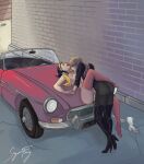  2girls ass black_jacket blonde_hair boots car closed_eyes cowboy_bebop faye_valentine fingering ground_vehicle hairband highres jacket julia_(cowboy_bebop) lipstick makeup motor_vehicle multiple_girls open_mouth sugarfairy yellow_hairband yuri 