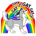  blue_body blue_fur canid canine english_text fur grey_body grey_fur mammal multicolored_body multicolored_fur open_mouth rainbow solo standing teeth_showing text white_body white_fur yellow_eyes 