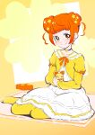  1girl absurdres bangs blunt_bangs choker commentary_request cropped_jacket dokidoki!_precure double_bun dress hair_bun highres itaoka1 orange_hair precure rance_(dokidoki!_precure) shoes shoes_removed short_hair smile solo white_dress yellow_eyes yotsuba_alice 