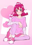  1girl absurdres aida_mana bangs commentary_request dokidoki!_precure half_updo heart highres itaoka1 pink_eyes pink_hair pink_skirt pink_sleeves pink_thighhighs precure sharuru_(dokidoki!_precure) shirt shirt_under_shirt sitting skirt smile solo striped striped_shirt thighhighs 