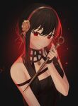  1girl bare_shoulders black_background black_dress black_hair blush breasts cleavage dagger dalmo_(pafe2444) dress flower gold_hairband hair_between_eyes hair_flower hair_ornament hair_up hairband highres holding_hands knife long_hair looking_at_viewer medium_breasts portrait red_eyes sidelocks smile solo spy_x_family stiletto_(weapon) upper_body weapon yor_briar 