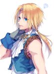 1boy ascot bangs bare_shoulders blonde_hair blue_eyes blue_vest cropped_vest earrings final_fantasy final_fantasy_ix gloves grey_gloves hand_in_own_hair jewelry looking_at_viewer low_ponytail male_focus nakagawa_waka parted_bangs portrait shirt short_hair_with_long_locks sleeveless sleeveless_shirt solo toned toned_male upper_body vest white_ascot white_background white_shirt wrist_cuffs zidane_tribal 
