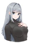  1girl absurdres aotsuba black_sweater blue_eyes breasts closed_eyes grey_hair hair_intakes hand_on_own_chest highres long_hair long_sleeves medium_breasts original pink_nails ribbed_sweater sidelocks simple_background smile solo sweater turtleneck turtleneck_sweater upper_body white_background 