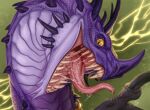  2019 ambiguous_gender bodily_fluids cheek_spikes dated dragon facial_horn facial_spikes fangs feral glistening glistening_eyes hi_res horn looking_at_viewer mouth_shot neck_spikes nose_horn open_mouth orange_eyes orange_sclera pupils purple_body purple_horn purple_scales red_tongue riorix saliva saliva_on_tongue saliva_string scales signature simple_background slit_pupils solo spikes spikes_(anatomy) tan_teeth tongue tongue_out 