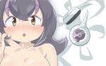  1girl bare_shoulders bed black_hair blush breasts brown_eyes cherushi_2 cleavage headphones humboldt_penguin_(kemono_friends) kemono_friends large_breasts long_hair looking_at_viewer multicolored_hair open_mouth penguin_girl purple_hair simple_background solo 
