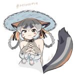  1girl animal_ear_fluff animal_ears bare_shoulders cat_ears cherushi_2 dress extra_ears fox_ears fox_girl fox_tail grey_hair hat island_fox_(kemono_friends) kemono_friends kemono_friends_v_project looking_at_viewer multicolored_hair orange_hair ribbon simple_background solo sundress tail virtual_youtuber yellow_eyes 