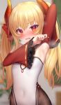  1girl absurdres arm_up armpits awai_flavia awai_shiro blonde_hair blurry blurry_background breasts commentary_request highres horns indie_virtual_youtuber long_hair looking_at_viewer navel open_clothes pantyhose red_eyes small_breasts solo steaming_body 