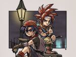  2boys bandana bangs black_gloves black_shirt blue_hair blue_shorts blue_tunic border brown_footwear chrono_cross chrono_trigger crono_(chrono_trigger) fence foot_up furrowed_brow gloves grey_eyes grey_pants grey_vest hair_between_eyes headband highres iron_fence lamppost looking_at_viewer male_focus multiple_boys neckerchief orange_neckerchief pants parted_bangs portal_(object) print_bandana red_bandana red_hair red_scarf red_socks scarf serge_(chrono_cross) shirt short_hair short_sleeves shorts sitting smile socks spiked_hair sword thumbs_up toned toned_male toriyama_akira_(style) vest weapon white_headband wristband yuto_sakurai 