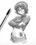 1girl bangs clothes_lift cross cross_necklace english_commentary glasses graphite_(medium) head_tilt highres hunter_x_hunter jewelry looking_at_viewer mechanical_pencil midriff navel necklace pants pencil photo_(medium) shizuku_(hunter_x_hunter) short_hair signature solo spider_tattoo stomach_tattoo supbirdy sweater sweater_lift tattoo traditional_media turtleneck turtleneck_sweater white_background 