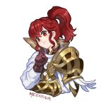 1girl anna_(fire_emblem) armor bangs brown_gloves feather_trim fire_emblem fire_emblem_heroes gloves head_tilt looking_at_viewer meziosaur puffy_sleeves red_eyes red_hair shoulder_armor side_ponytail sidelocks smile solo upper_body watermark white_background 