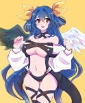  1girl angel_wings ass_visible_through_thighs asymmetrical_wings bangs bare_shoulders belt black_choker black_panties blue_hair blush breasts center_opening chemaru_(a8l) choker cleavage collarbone detached_sleeves dizzy_(guilty_gear) guilty_gear guilty_gear_x guilty_gear_xx hair_between_eyes hair_ribbon hair_rings large_breasts long_hair long_sleeves looking_at_viewer mature_female midriff navel open_mouth panties puffy_long_sleeves puffy_sleeves red_eyes revealing_clothes ribbon simple_background skindentation solo stomach sweatdrop tail thick_thighs thigh_gap thigh_strap thighs twintails underboob underwear wings yellow_background yellow_ribbon 