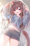  1girl :d animal_ear_fluff animal_ears blush breasts brown_hair cat_ears cat_girl cat_tail collarbone commentary_request drawstring fangs grey_shirt grey_shorts hair_ornament hairclip hands_up highres leo_(mafuyu) long_hair looking_at_viewer mafuyu_(chibi21) multicolored_hair nail_polish off_shoulder original purple_eyes purple_hair purple_nails shirt short_shorts shorts small_breasts smile solo standing streaked_hair tail very_long_hair 