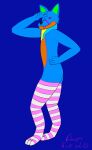  &lt;3 &lt;3_eyes anthro bandanna blue_body blue_fur canid canine canis clothing doopi doopi_the_wulf fur gesture girly hand_on_hip hi_res kerchief legwear lgbt_pride looking_at_viewer male mammal mostly_nude one_eye_closed orange_body orange_fur pansexual_pride_colors pose pride_colors solo standing thick_thighs thigh_highs tongue tongue_out v_sign wink wolf 